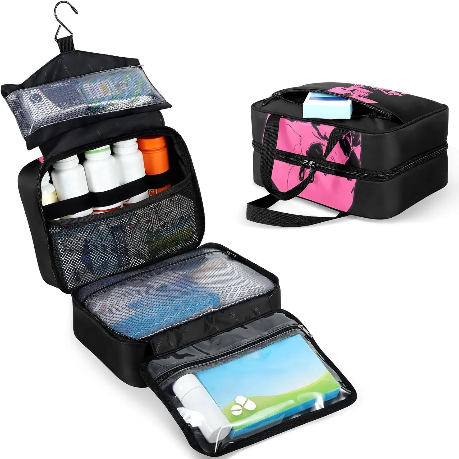 Fustylead Pink Skeleton on Black Background Large Medical Supplies Organizer Bag with Zipper Empty First Aid Bag Trauma Kit for Traveling Hiking Camping