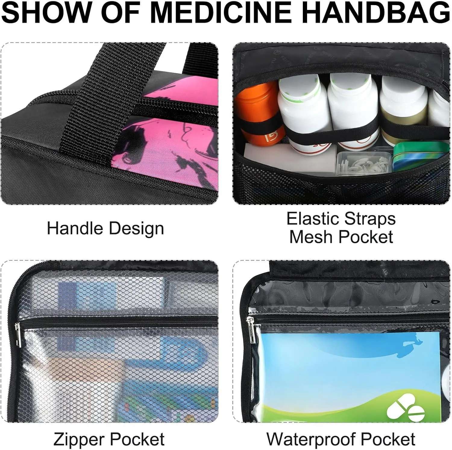Fustylead Pink Skeleton on Black Background Large Medical Supplies Organizer Bag with Zipper Empty First Aid Bag Trauma Kit for Traveling Hiking Camping