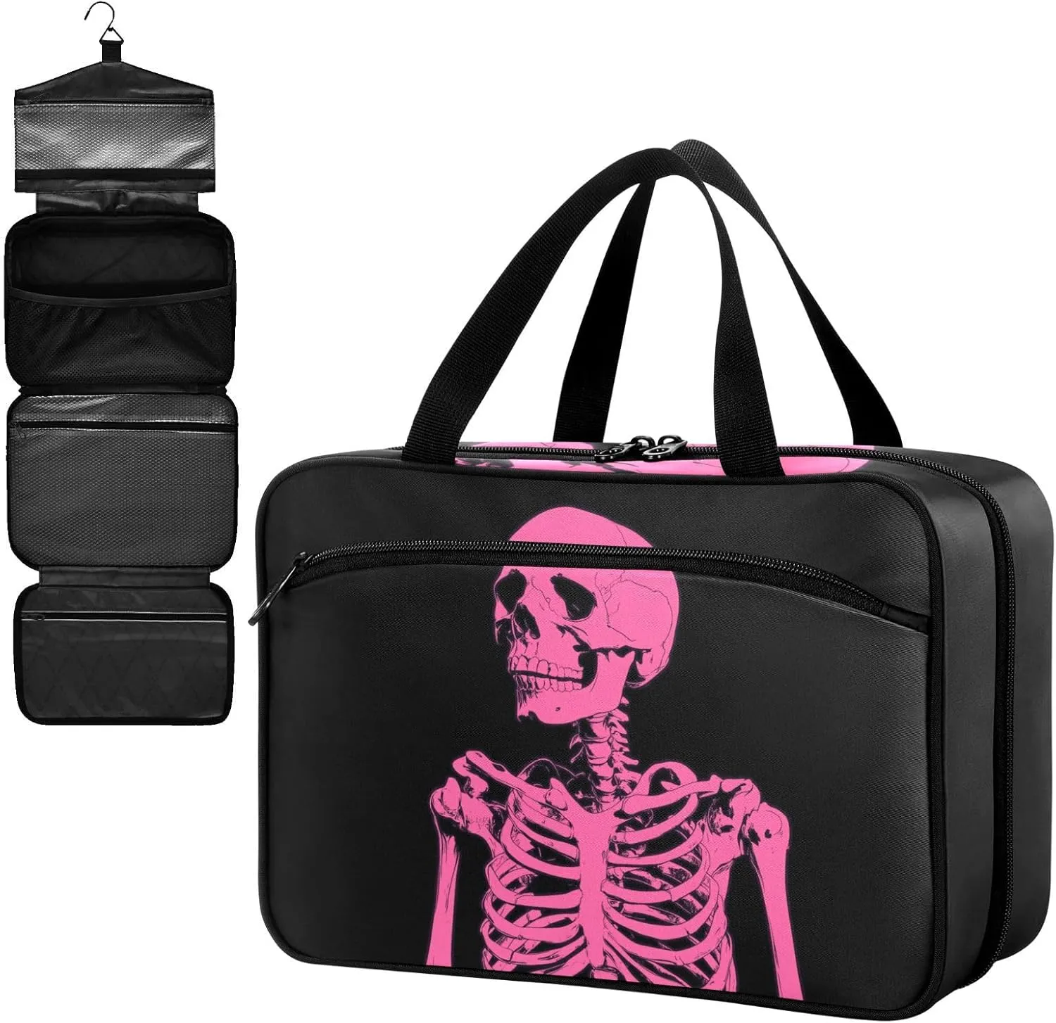 Fustylead Pink Skeleton on Black Background Large Medical Supplies Organizer Bag with Zipper Empty First Aid Bag Trauma Kit for Traveling Hiking Camping