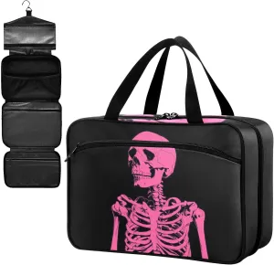 Fustylead Pink Skeleton on Black Background Large Medical Supplies Organizer Bag with Zipper Empty First Aid Bag Trauma Kit for Traveling Hiking Camping