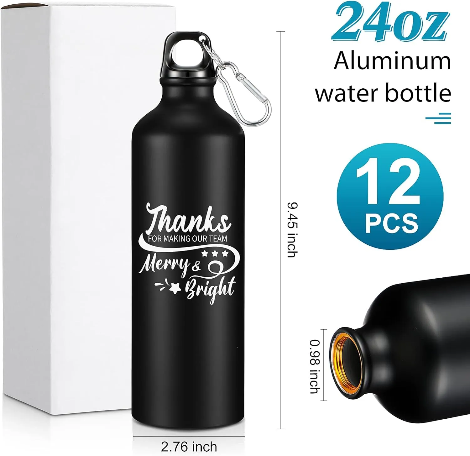 Gejoy 12 Pcs Thank You Appreciation Gifts Bulk for Employee Coworker Aluminum Water Bottle 24 oz Thank You Team Gifts Lightweight Bike Sports Bottles Bulk with Twist Cap Buckle