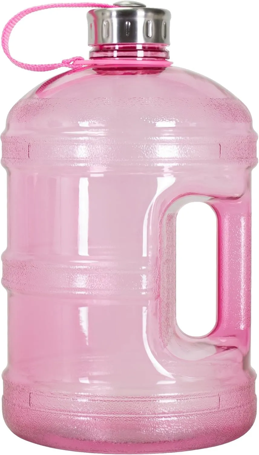 Geo Sports Bottles 1 Gallon BPA Free Reusable Leakproof Sports Water Bottle Jug with Handle Includes 48mm Stainless Steel Lid (Pink)