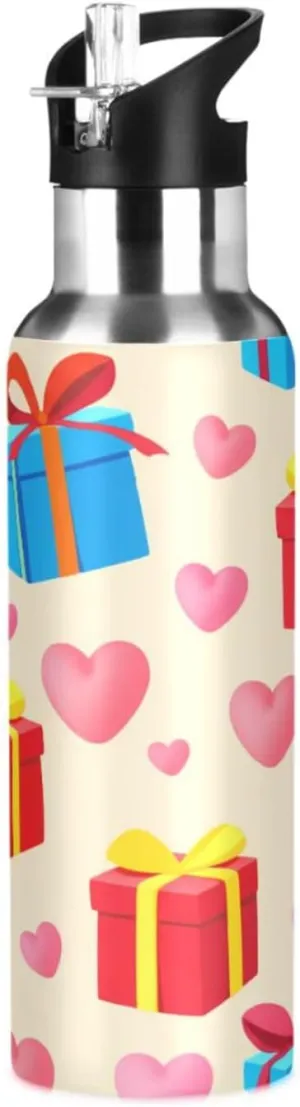 Gift Box Patterns Sports Water Bottle with Straw, 22oz BPA Free Stainless Steel Vacuum Insulated Bottle for Gym Fitness Outdoor