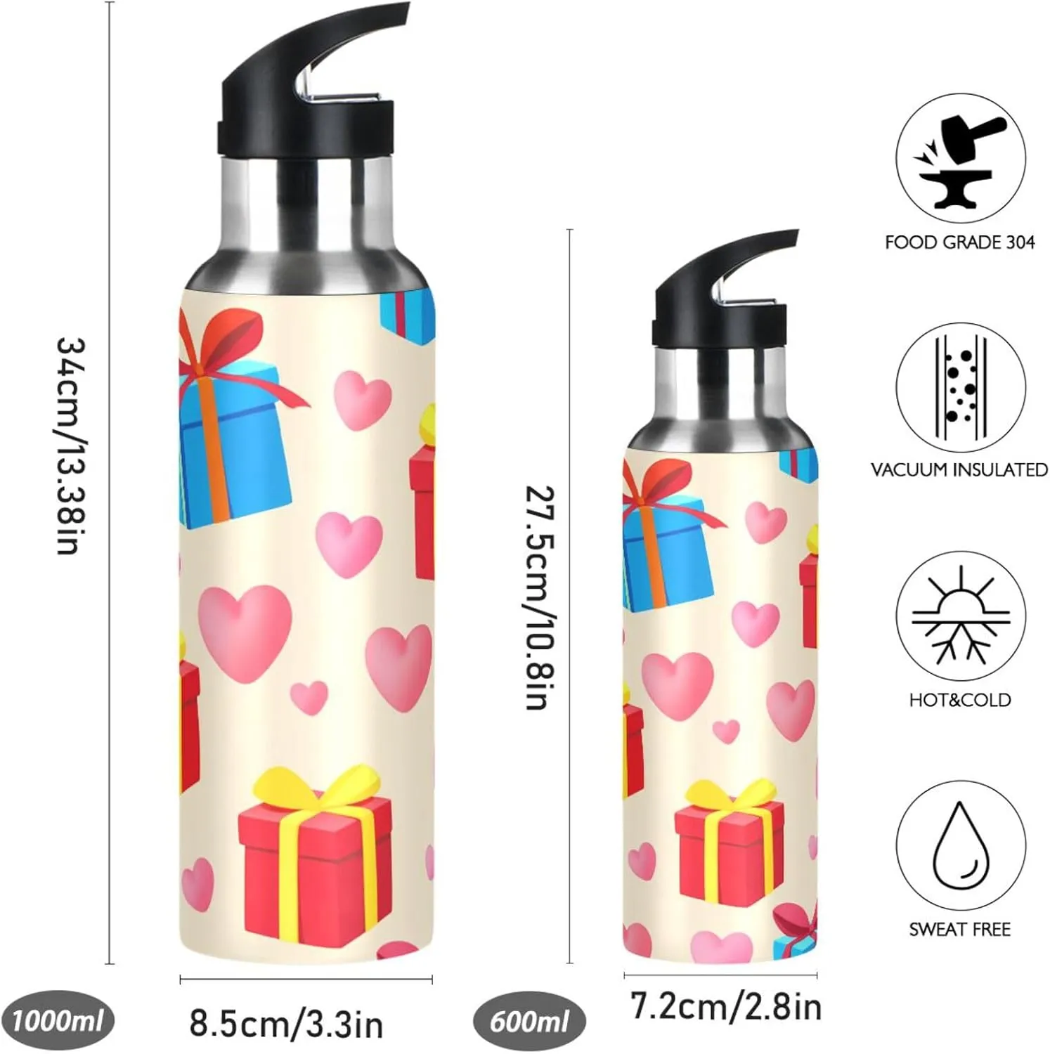 Gift Box Patterns Sports Water Bottle with Straw, 22oz BPA Free Stainless Steel Vacuum Insulated Bottle for Gym Fitness Outdoor