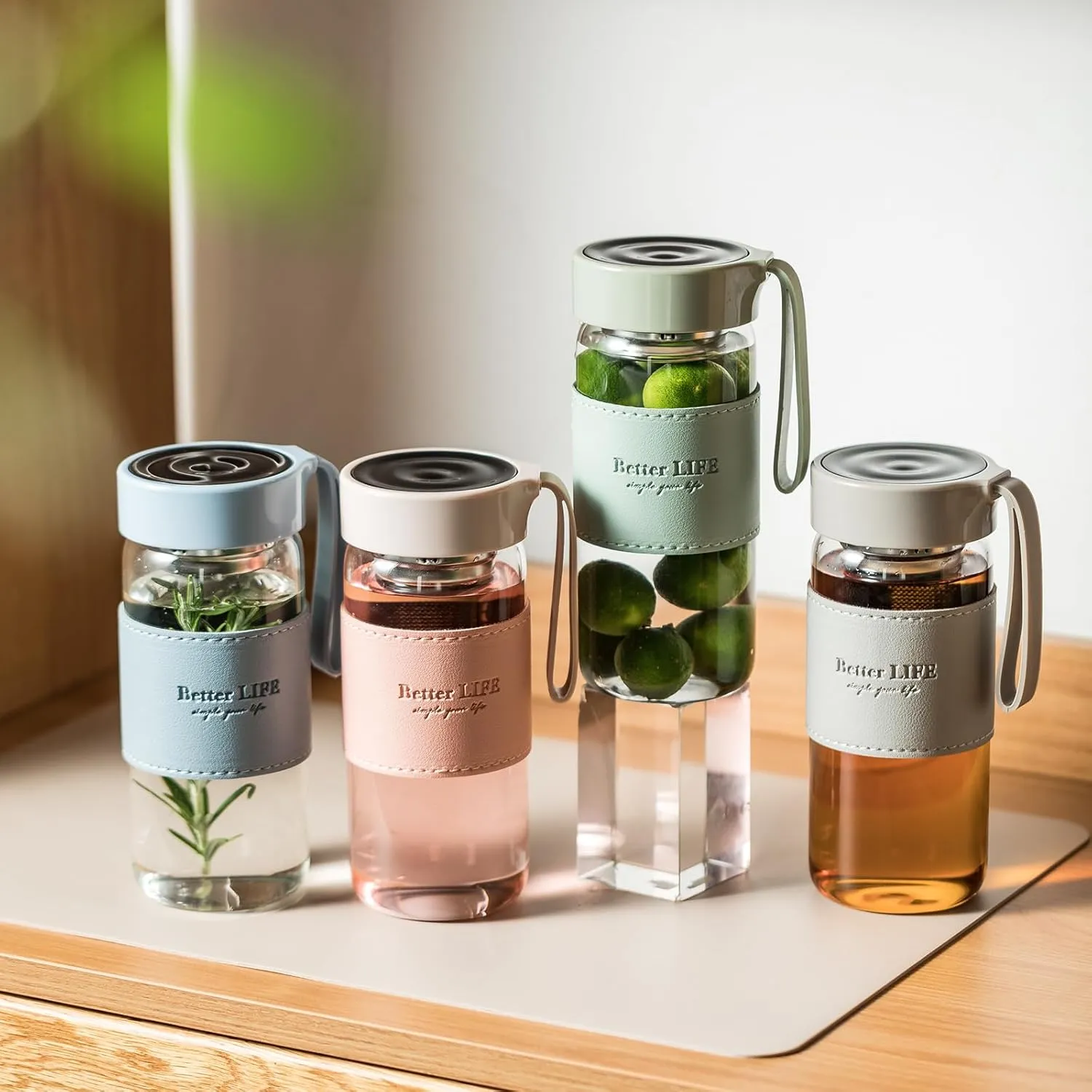 Glass tea bottle 16 oz drinking bottle with Non-Slip holster, and Stainless Tea leak, Leak Proof Lid for School, office, car，home,as a gift, etc (Green Pink)