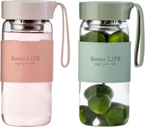 Glass tea bottle 16 oz drinking bottle with Non-Slip holster, and Stainless Tea leak, Leak Proof Lid for School, office, car，home,as a gift, etc (Green Pink)