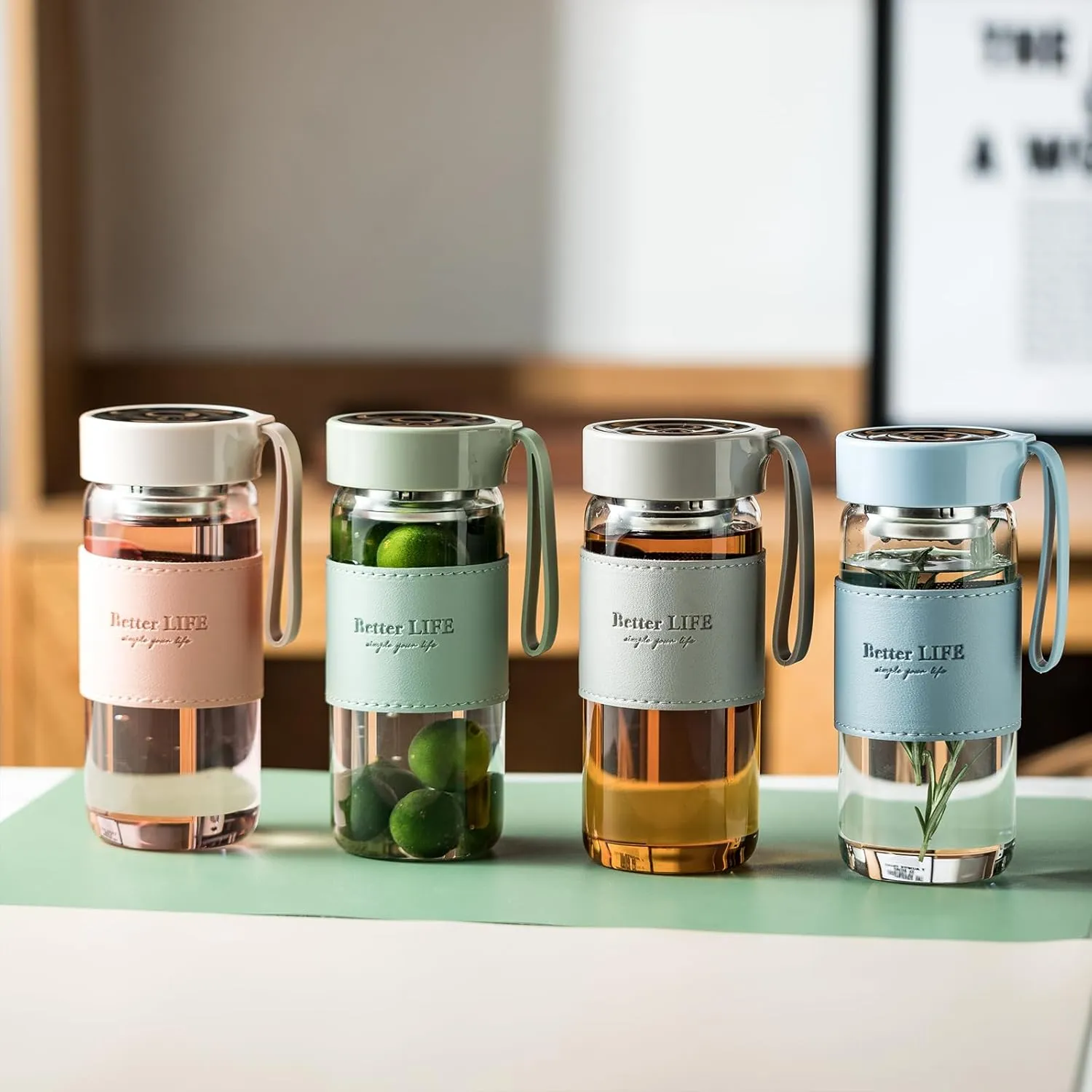 Glass tea bottle 16 oz drinking bottle with Non-Slip holster, and Stainless Tea leak, Leak Proof Lid for School, office, car，home,as a gift, etc (Green Pink)