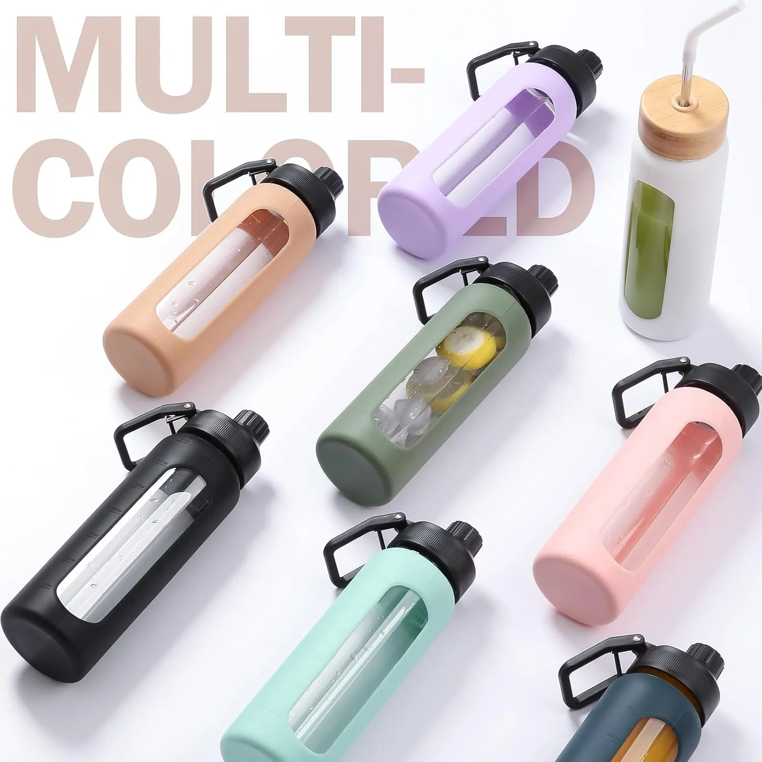 Glass Water Bottle with Straw, 24oz Glass Drinking Bottle with 2 Lids-Bamboo and Spout Lid with Phone Holder for Gym Sports,with Silicone Sleeve and Time Marker,Wide Mouth, BPA Free,Green