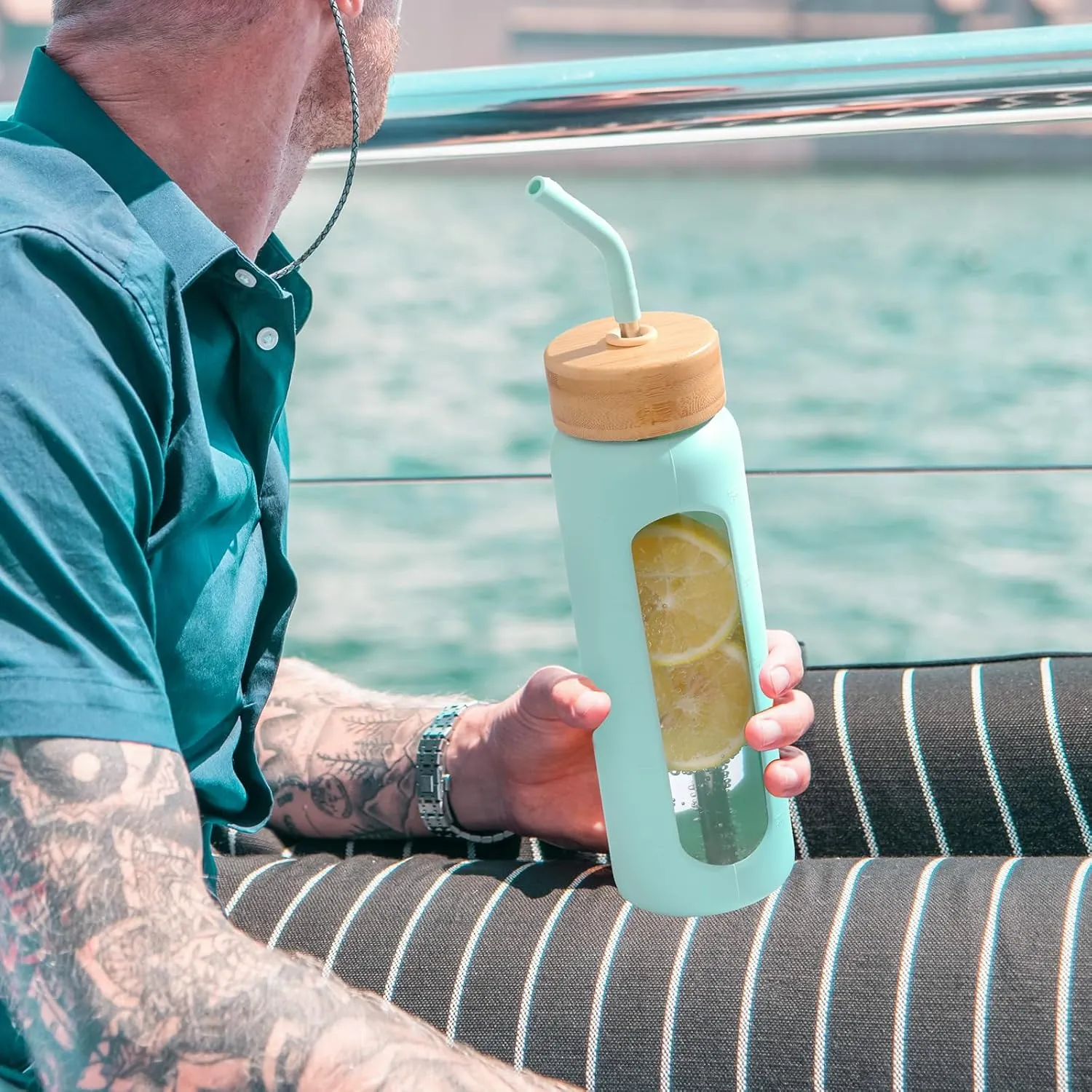 Glass Water Bottle with Straw, 24oz Glass Drinking Bottle with 2 Lids-Bamboo and Spout Lid with Phone Holder for Gym Sports,with Silicone Sleeve and Time Marker,Wide Mouth, BPA Free,Green