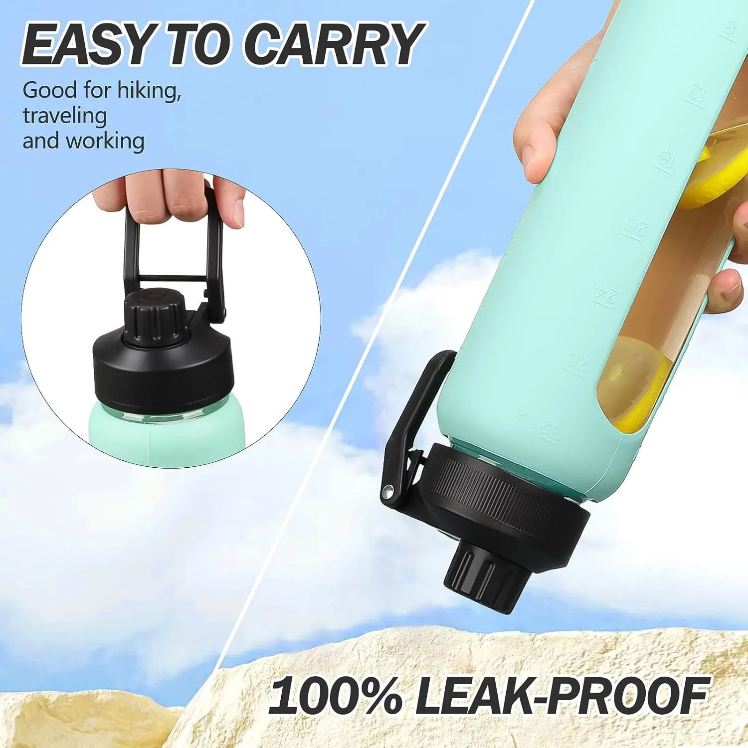 Glass Water Bottle with Straw, 24oz Glass Drinking Bottle with 2 Lids-Bamboo and Spout Lid with Phone Holder for Gym Sports,with Silicone Sleeve and Time Marker,Wide Mouth, BPA Free,Green