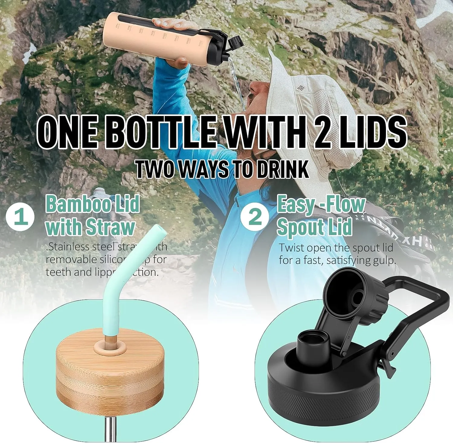 Glass Water Bottle with Straw, 24oz Glass Drinking Bottle with 2 Lids-Bamboo and Spout Lid with Phone Holder for Gym Sports,with Silicone Sleeve and Time Marker,Wide Mouth, BPA Free,Green