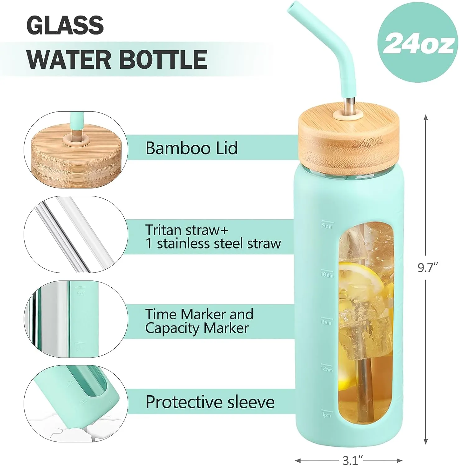 Glass Water Bottle with Straw, 24oz Glass Drinking Bottle with 2 Lids-Bamboo and Spout Lid with Phone Holder for Gym Sports,with Silicone Sleeve and Time Marker,Wide Mouth, BPA Free,Green