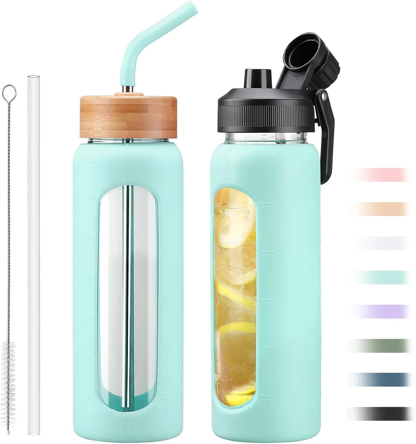 Glass Water Bottle with Straw, 24oz Glass Drinking Bottle with 2 Lids-Bamboo and Spout Lid with Phone Holder for Gym Sports,with Silicone Sleeve and Time Marker,Wide Mouth, BPA Free,Green