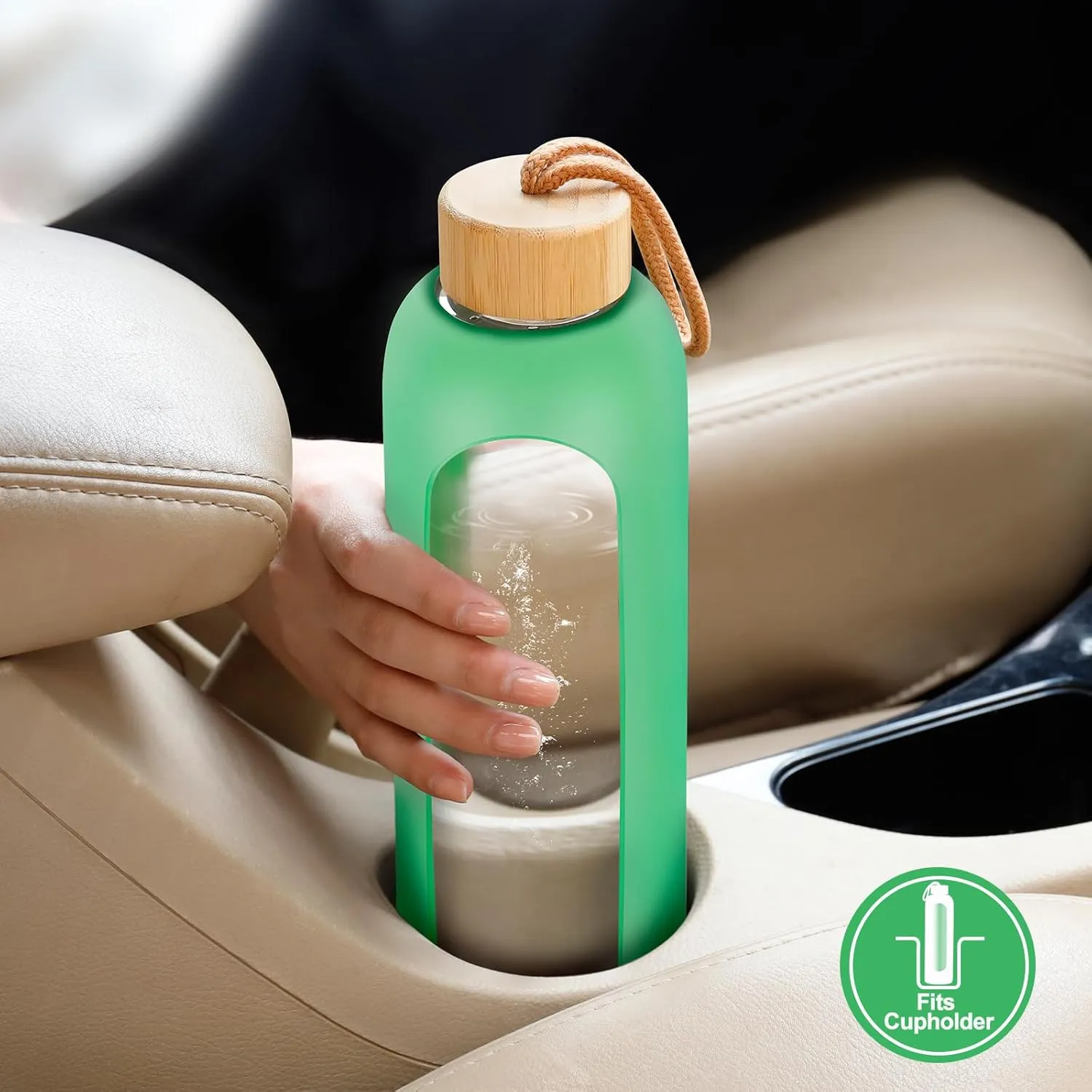 Glass Water Bottles 32 oz - Motivational Drinking Glass Water Bottle with Silicone Sleeve, Straw & 2 Bamboo Lids - 1 Liter Clear Borosilicate Daily Intake Tumbler with Time Marker - Jade Green