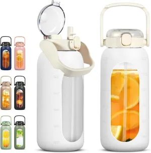 Glass Water Bottles 64 oz - Half Gallon Water Bottle with Straw Phone Holder Handle Time Marker and Silicone Sleeve, Large Motivational Water Jug with Carrier Bag for Daily Intake Gym - Cream
