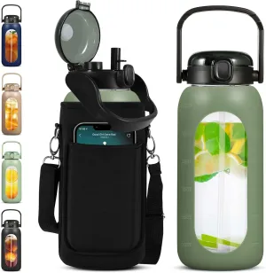 Glass Water Bottles 64 oz with Time Marker - Half Gallon Water Bottle with Straw Handle & Phone Storage Sleeve - 2 Liter Large Motivational Drinking Jug with Carrier Bag for Daily Intake Gym