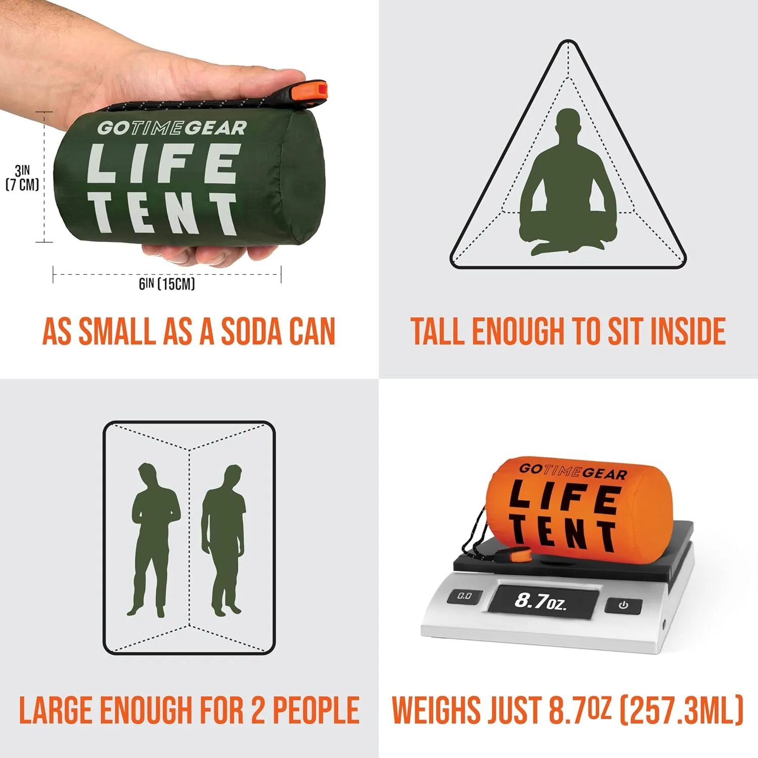 Go Time Gear Survival Life Tent • 2 Person Mylar Emergency Shelter Tube Tent   Paracord • All-Weather Protection for Camping, Hiking, & Survival Kits • Includes Emergency Whistle