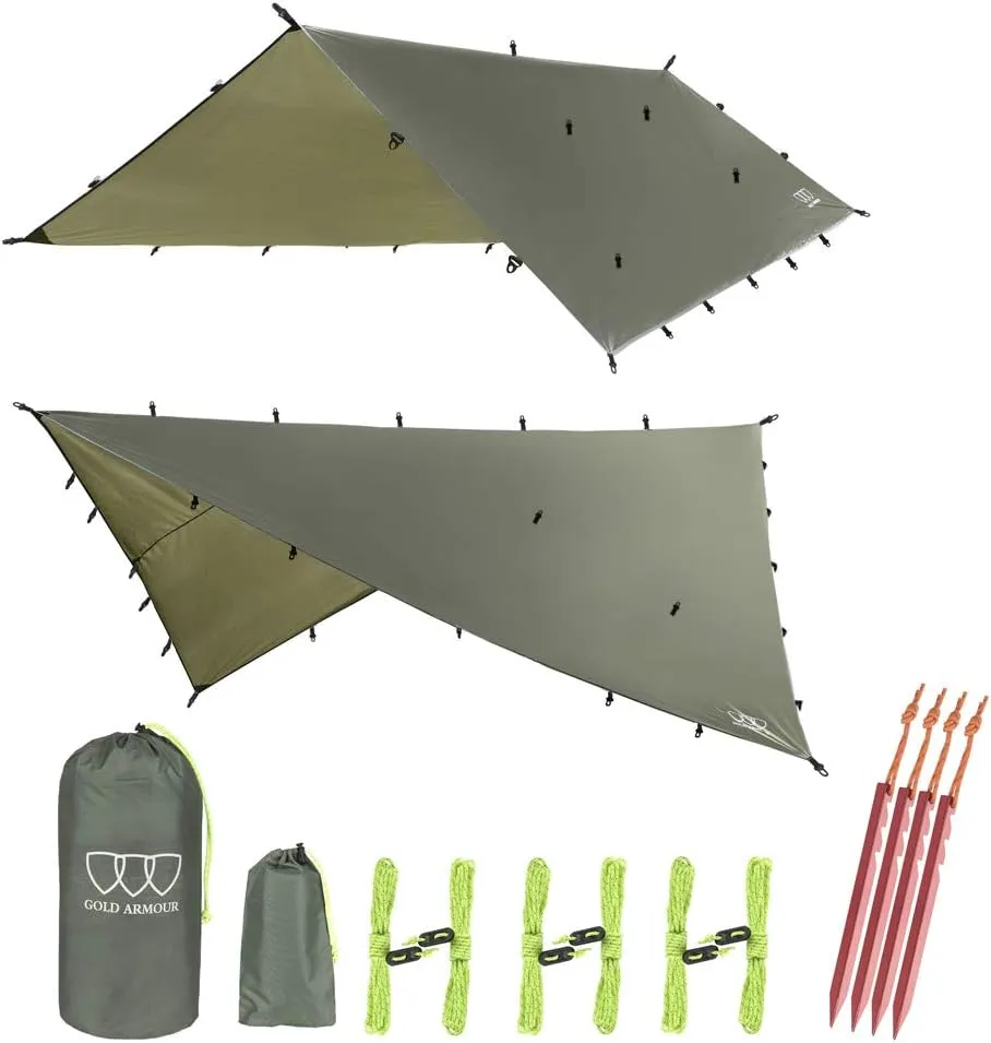 Gold Armour Rainfly Tarp Hammock, Premium 14.7ft/12ft/10ft/8ft Rain Fly Cover, Waterproof Ultralight Camping Shelter Canopy, Survival Equipment Gear Camping Tent Accessories (OD Green 10ft x 10ft)