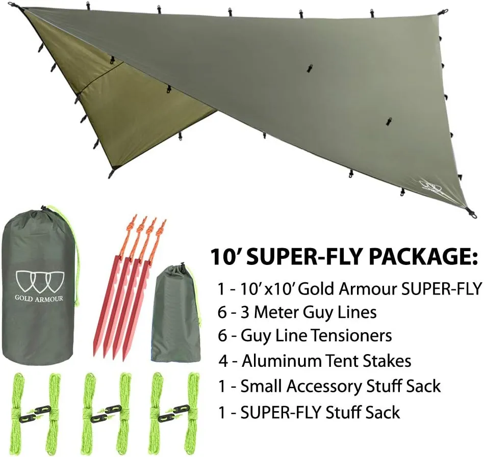 Gold Armour Rainfly Tarp Hammock, Premium 14.7ft/12ft/10ft/8ft Rain Fly Cover, Waterproof Ultralight Camping Shelter Canopy, Survival Equipment Gear Camping Tent Accessories (OD Green 10ft x 10ft)