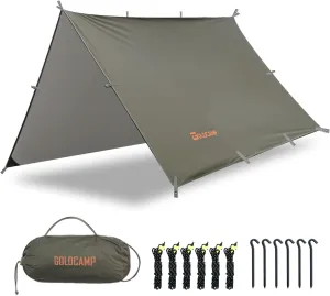 GOLDCAMP Waterproof Camping Tarp，70D Nylon 10X10FT Hammock Rain Fly ，UV 50  and PU15000mm Tent Tarp Shelter Canopy，Heavy Duty Multifunctional Sun Shade or Rain Fly Essentials for Hiking Backpacking