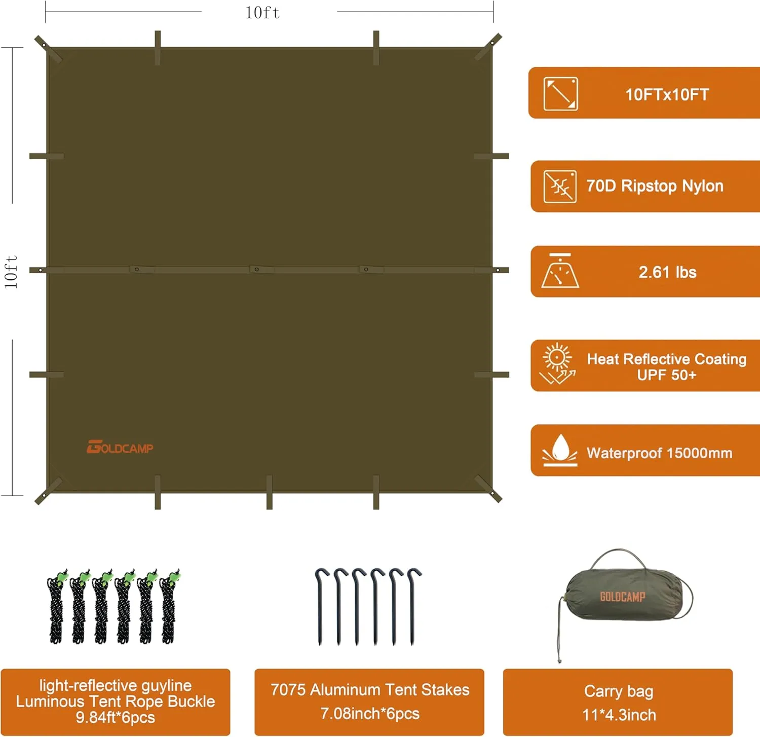 GOLDCAMP Waterproof Camping Tarp，70D Nylon 10X10FT Hammock Rain Fly ，UV 50  and PU15000mm Tent Tarp Shelter Canopy，Heavy Duty Multifunctional Sun Shade or Rain Fly Essentials for Hiking Backpacking