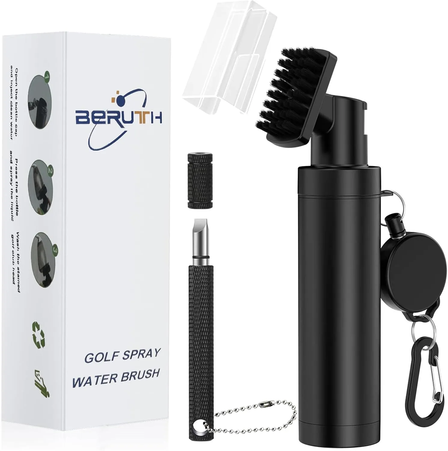 Golf Club Cleaner Brush with Carabiner Clip and Leak-Proof Press Water Bottle - Lightweight, Compact Cleaning Tool for Golf Clubs, Balls, and Shoes - Best Golf Gifts for Men（Black）