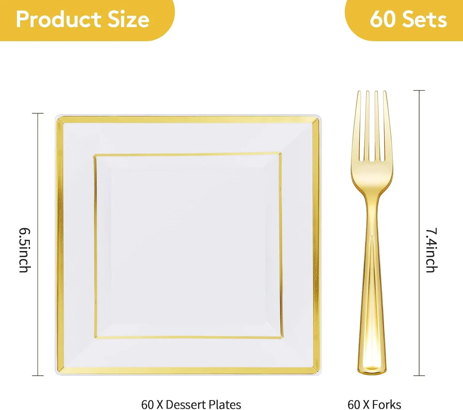 Goodluck 120 Pieces Gold Square Plastic Plates with Forks, Gold Dessert Plates for 60 Guests, Heavy Duty Disposable Plates for Party, Including 60 6.5" Plastic Plates and 60 7.4" Forks