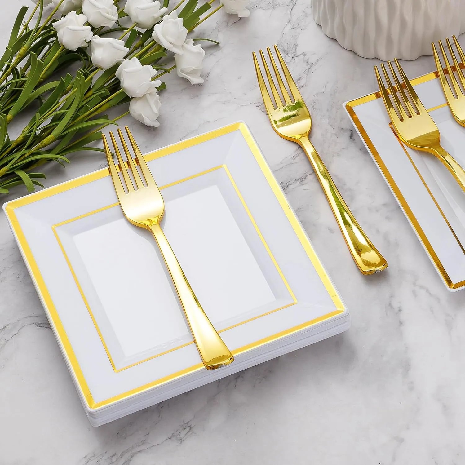 Goodluck 120 Pieces Gold Square Plastic Plates with Forks, Gold Dessert Plates for 60 Guests, Heavy Duty Disposable Plates for Party, Including 60 6.5" Plastic Plates and 60 7.4" Forks