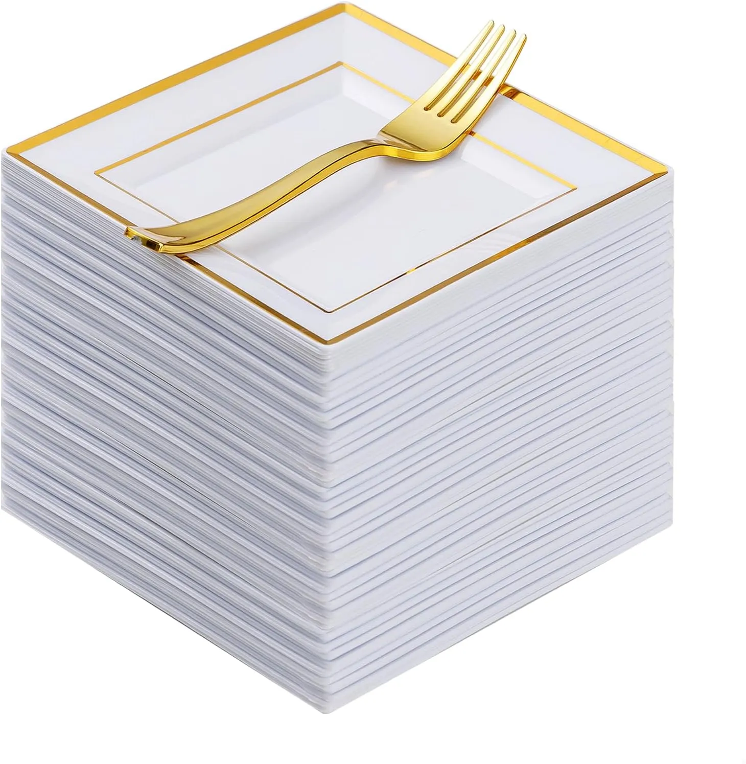 Goodluck 120 Pieces Gold Square Plastic Plates with Forks, Gold Dessert Plates for 60 Guests, Heavy Duty Disposable Plates for Party, Including 60 6.5" Plastic Plates and 60 7.4" Forks