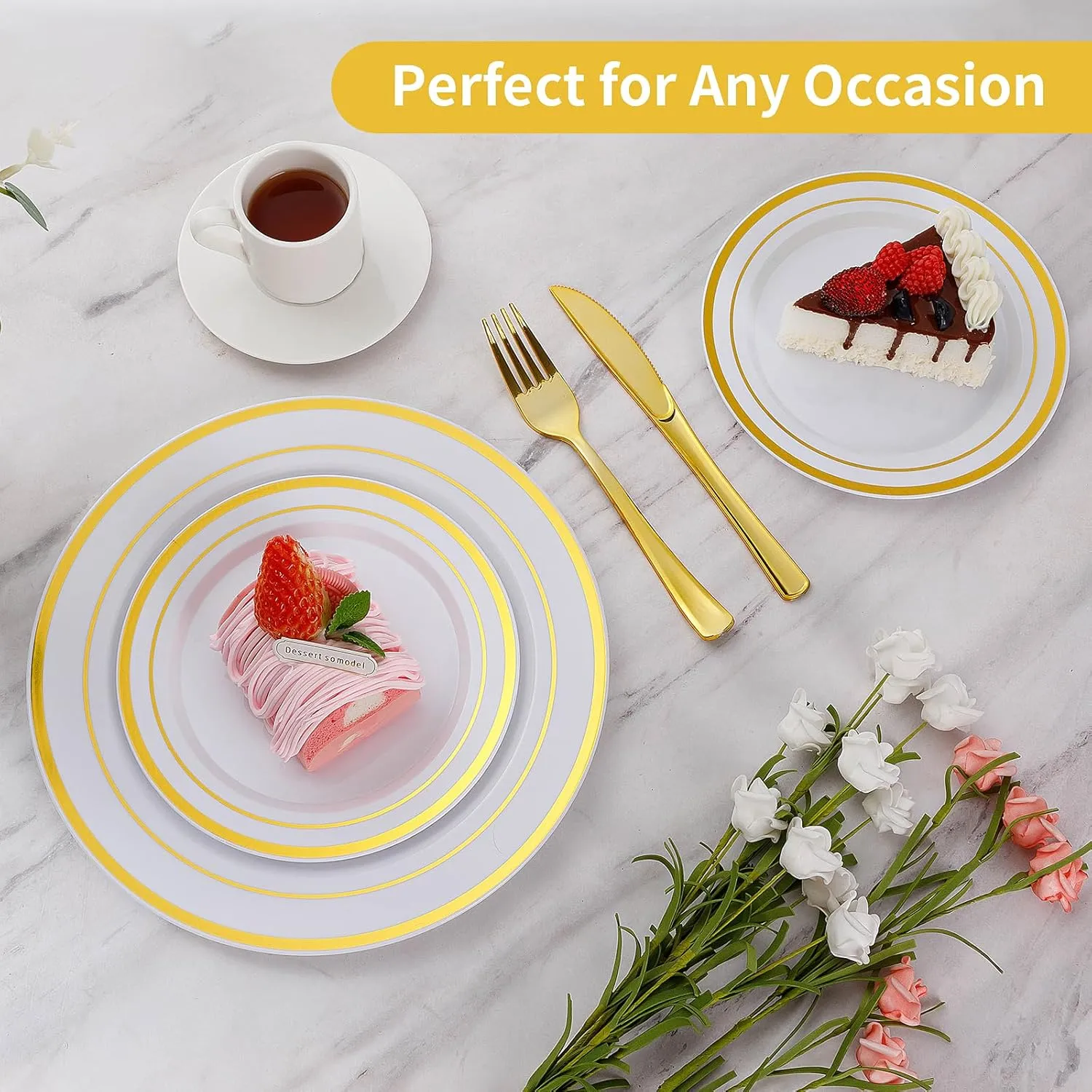 Goodluck 120PCS Gold Plastic Plates, Heavy Duty Disposable Gold Plates with 60 10.25 inch Dinner Plates and 60 7.5 inch Dessert Plates, Disposable Plates for Party, Holiday, Wedding