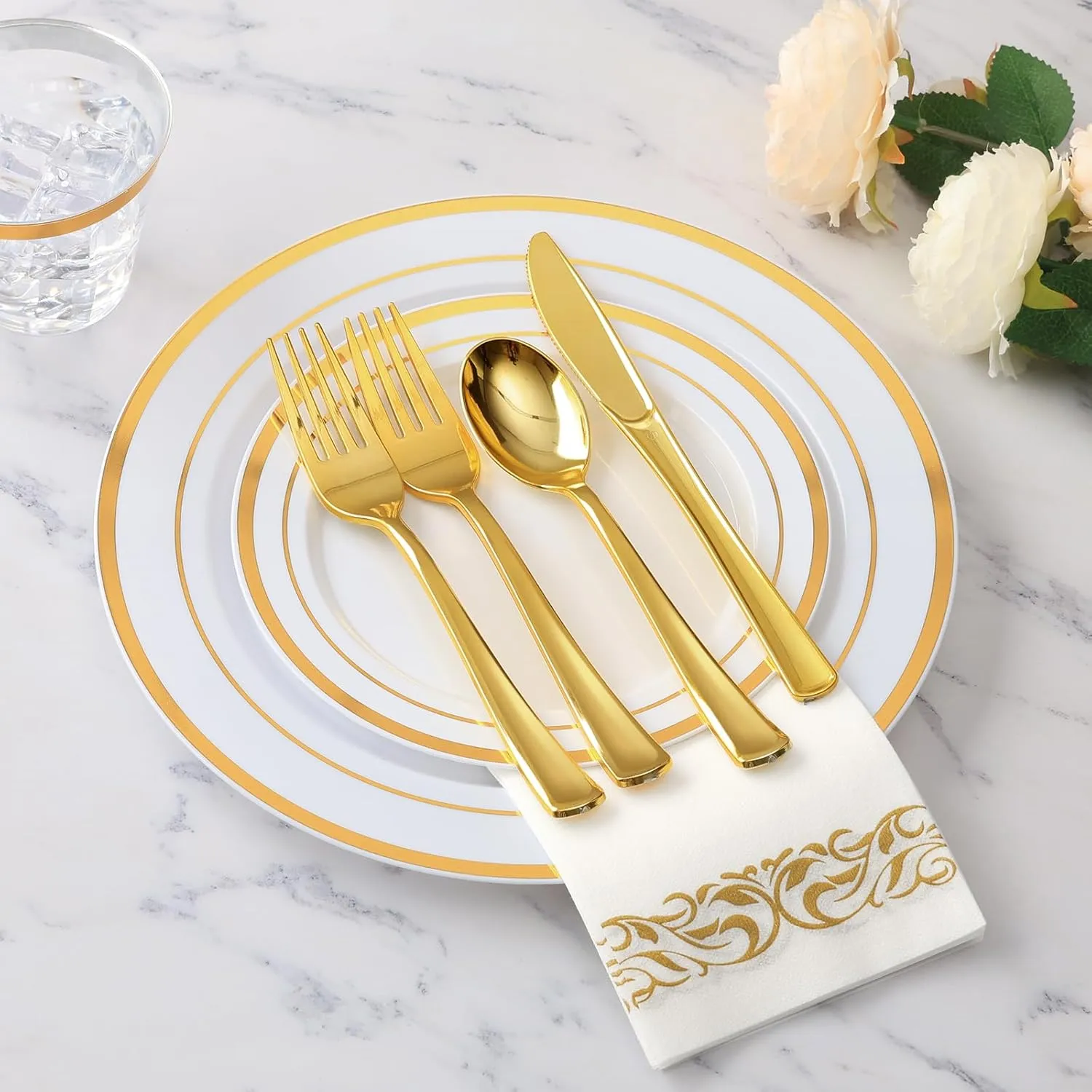 Goodluck 350 Piece Gold Dinnerware Set for 50 Guests, Plastic Plates Disposable for Party, Include: 50 Gold Rim Dinner Plates, 50 Dessert Plates, 50 Paper Napkins, 50 Cups, 50 Gold Silverware Set