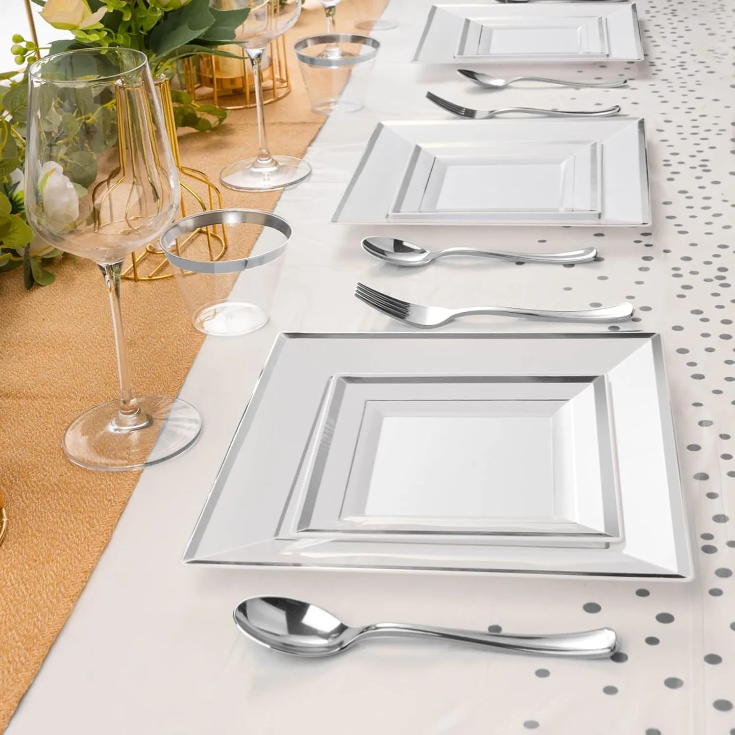 Goodluck 352-Piece Dinnerware Set for 50 Guests - Square Plastic Plates with Silver Trim, Includes: 100 Plates, 50 Rolled Napkins, 50 Cups, 50 Cutlery Set and 2 Tablecloths
