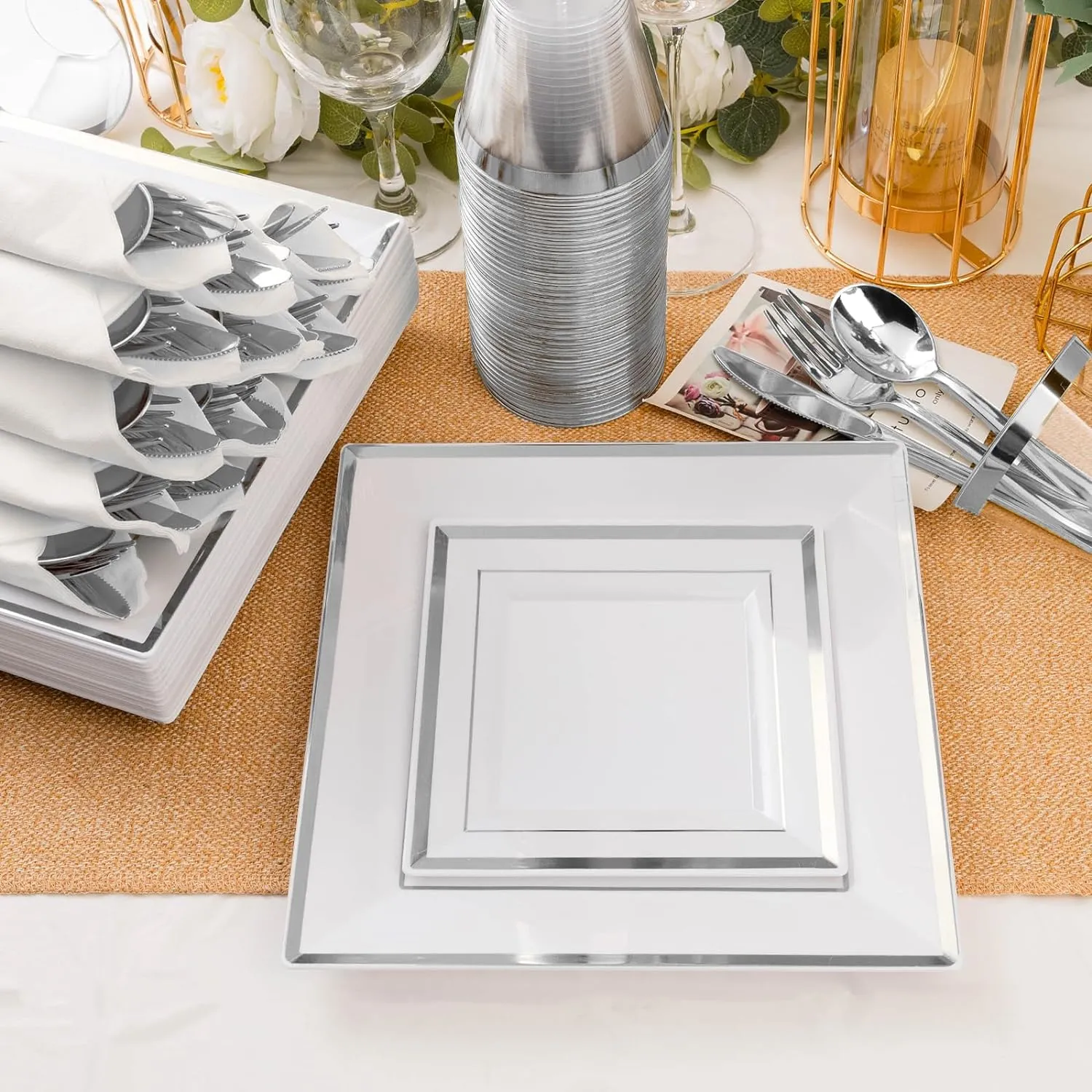 Goodluck 352-Piece Dinnerware Set for 50 Guests - Square Plastic Plates with Silver Trim, Includes: 100 Plates, 50 Rolled Napkins, 50 Cups, 50 Cutlery Set and 2 Tablecloths