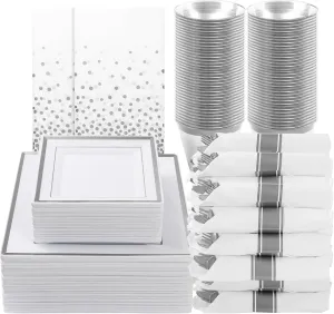 Goodluck 352-Piece Dinnerware Set for 50 Guests - Square Plastic Plates with Silver Trim, Includes: 100 Plates, 50 Rolled Napkins, 50 Cups, 50 Cutlery Set and 2 Tablecloths