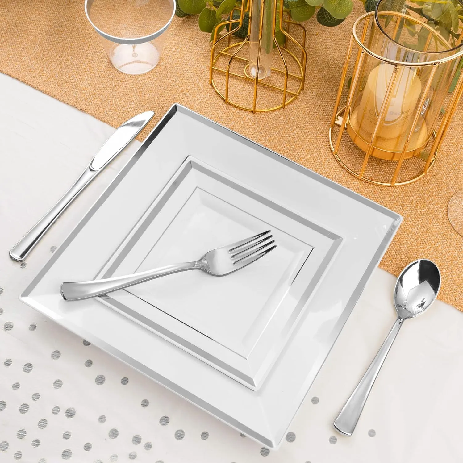 Goodluck 352-Piece Dinnerware Set for 50 Guests - Square Plastic Plates with Silver Trim, Includes: 100 Plates, 50 Rolled Napkins, 50 Cups, 50 Cutlery Set and 2 Tablecloths