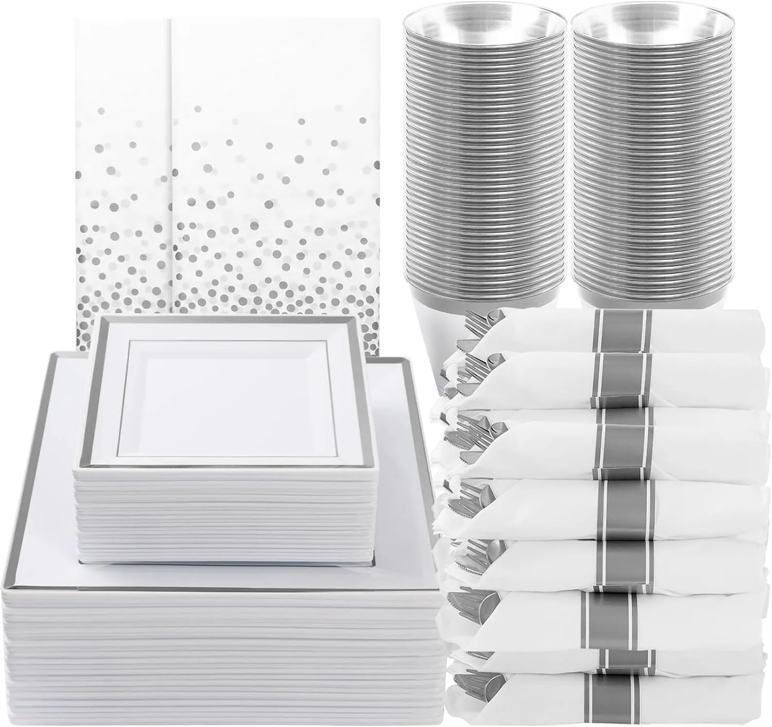 Goodluck 352-Piece Dinnerware Set for 50 Guests - Square Plastic Plates with Silver Trim, Includes: 100 Plates, 50 Rolled Napkins, 50 Cups, 50 Cutlery Set and 2 Tablecloths