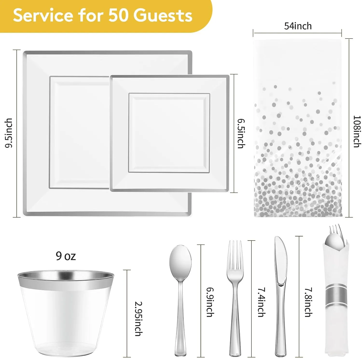 Goodluck 352-Piece Dinnerware Set for 50 Guests - Square Plastic Plates with Silver Trim, Includes: 100 Plates, 50 Rolled Napkins, 50 Cups, 50 Cutlery Set and 2 Tablecloths
