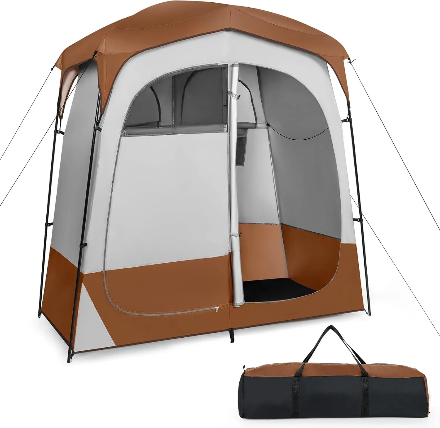 Goplus 2 Room Shower Tent, Portable Camping Changing Tent with Floor Drain,Detachable Rain Fly, Stakes & Ropes, UV Protection, Water Resistant Privacy Tent for Outdoor Toilet, Dressing (Coffe)