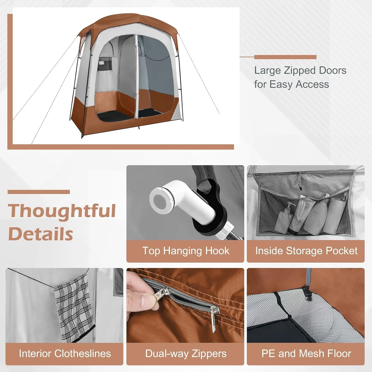 Goplus 2 Room Shower Tent, Portable Camping Changing Tent with Floor Drain,Detachable Rain Fly, Stakes & Ropes, UV Protection, Water Resistant Privacy Tent for Outdoor Toilet, Dressing (Coffe)