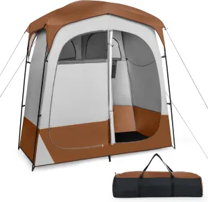 Goplus 2 Room Shower Tent, Portable Camping Changing Tent with Floor Drain,Detachable Rain Fly, Stakes & Ropes, UV Protection, Water Resistant Privacy Tent for Outdoor Toilet, Dressing (Coffe)