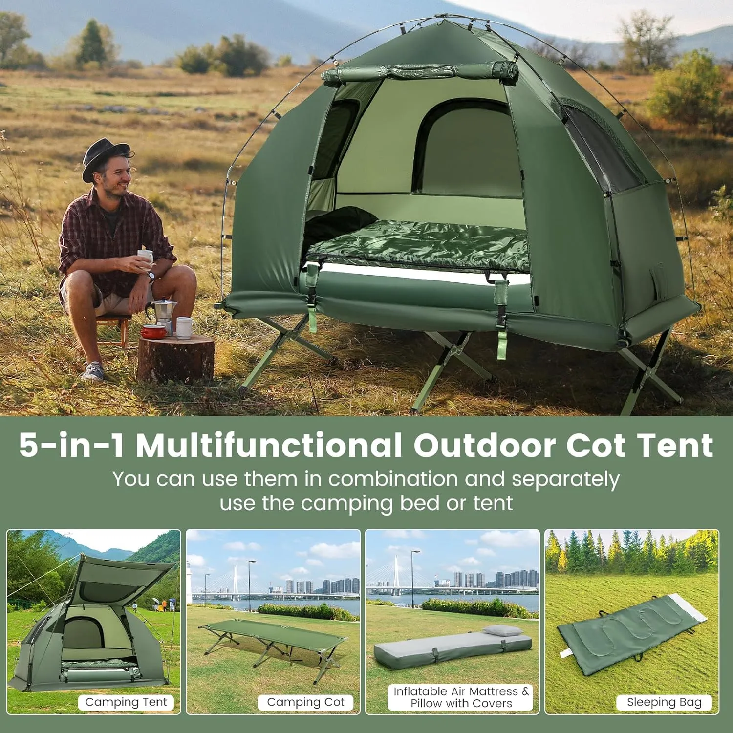 Goplus Camping Tent Cot, 5-in-1 Folding Camping Bed with Air Mattress, Pillow, Sleeping Bag, Waterproof Elevated Tent Shelter, Portable Outdoor Sleeping Cot with Carry Bag for Picnic, Trip (1-Person)