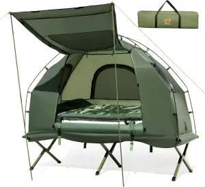 Goplus Camping Tent Cot, 5-in-1 Folding Camping Bed with Air Mattress, Pillow, Sleeping Bag, Waterproof Elevated Tent Shelter, Portable Outdoor Sleeping Cot with Carry Bag for Picnic, Trip (1-Person)