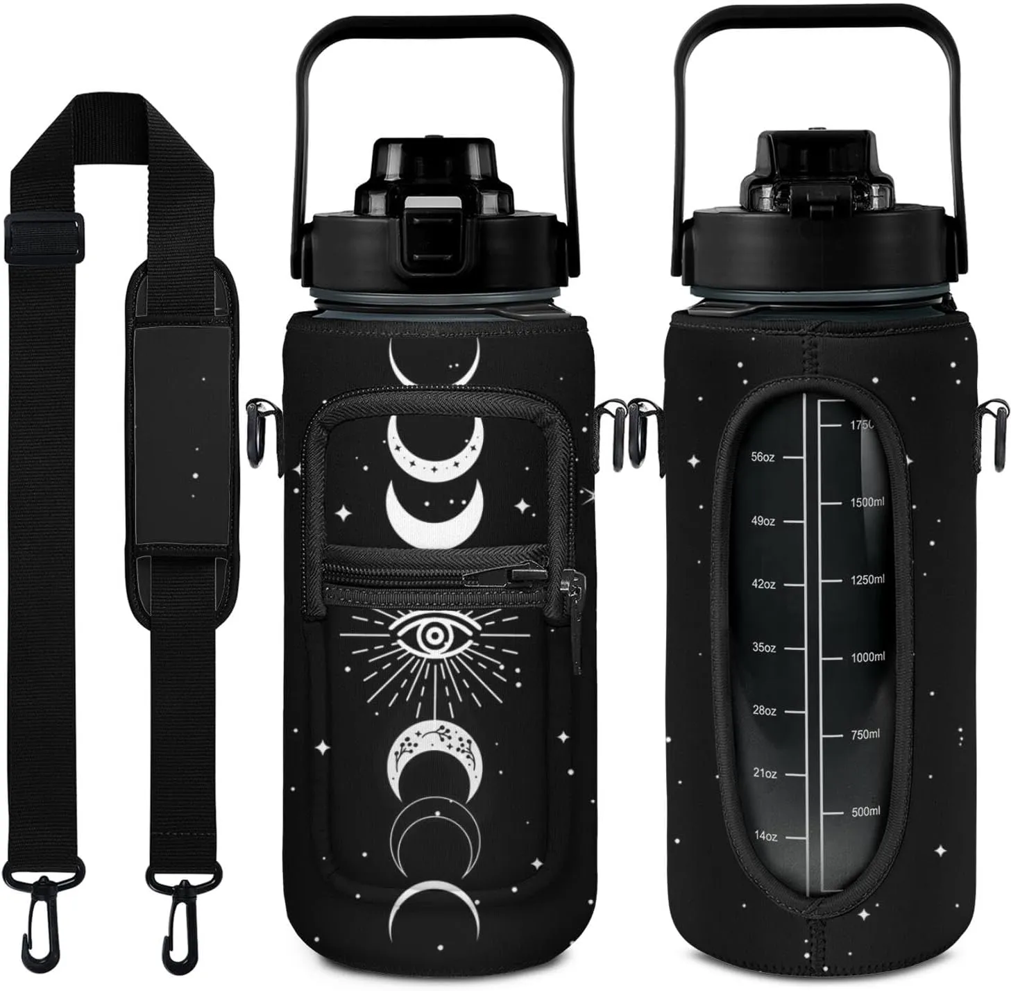 Goth Moon Water Bottle, Half Gallon Water Bottle with Time Marker, Sports Gym Water Bottles for Women BPA Free Half Gallon Water Jugs Motivational Water Bottles 64 oz (Goth Gifts)