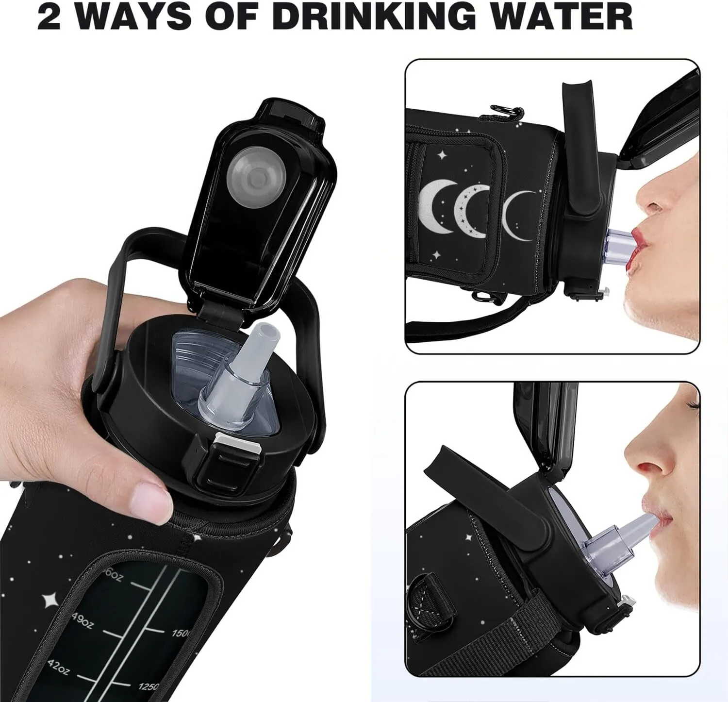 Goth Moon Water Bottle, Half Gallon Water Bottle with Time Marker, Sports Gym Water Bottles for Women BPA Free Half Gallon Water Jugs Motivational Water Bottles 64 oz (Goth Gifts)
