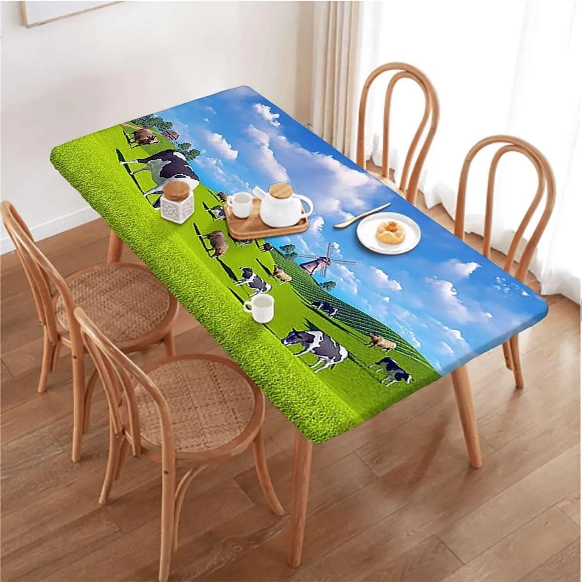 Green Blue Rectangle Table Cloth Cover, Spring Alpine Meadow Waterproof Elastic Table Cover, for Outdoor Picnics/Travel/Holiday/Party Agriculture Landscape Fits up 5 Foot Tables