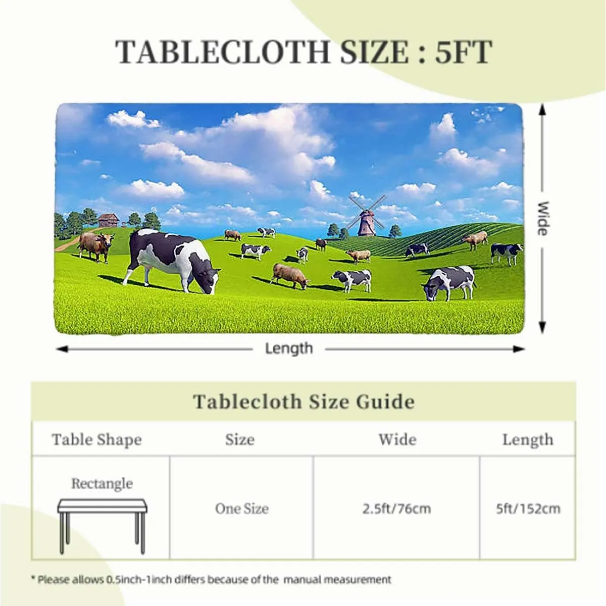 Green Blue Rectangle Table Cloth Cover, Spring Alpine Meadow Waterproof Elastic Table Cover, for Outdoor Picnics/Travel/Holiday/Party Agriculture Landscape Fits up 5 Foot Tables