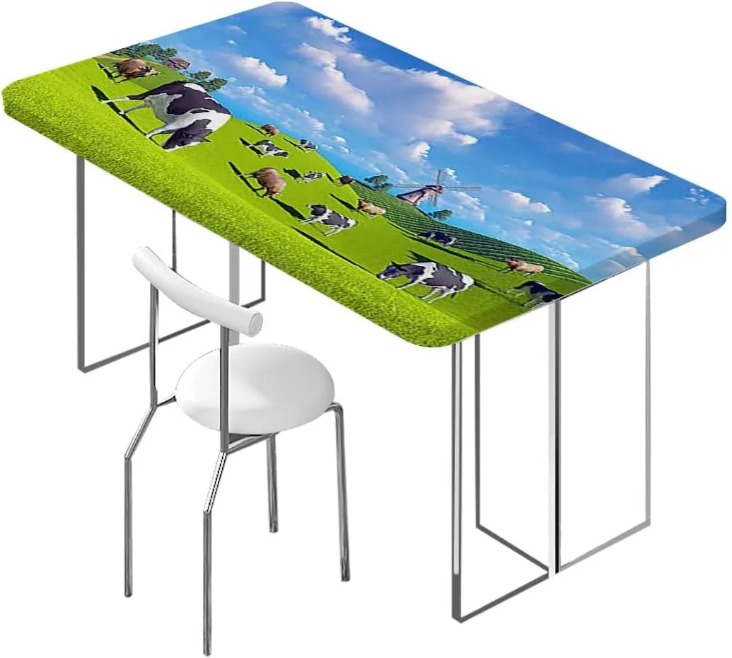 Green Blue Rectangle Table Cloth Cover, Spring Alpine Meadow Waterproof Elastic Table Cover, for Outdoor Picnics/Travel/Holiday/Party Agriculture Landscape Fits up 5 Foot Tables