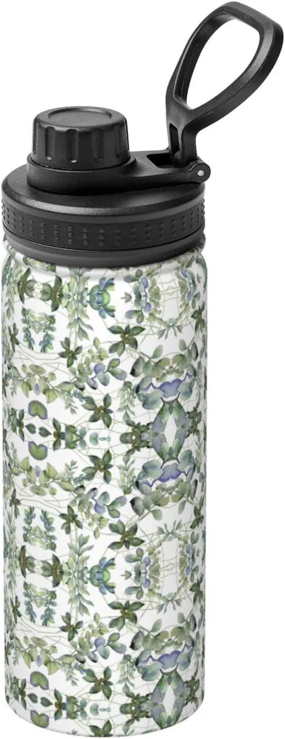 Green Eucalyptus Leaves Sports Insulated Water Bottle - Premium 18 oz. Stainless Steel Hydration Bottle for Outdoor Enthusiasts