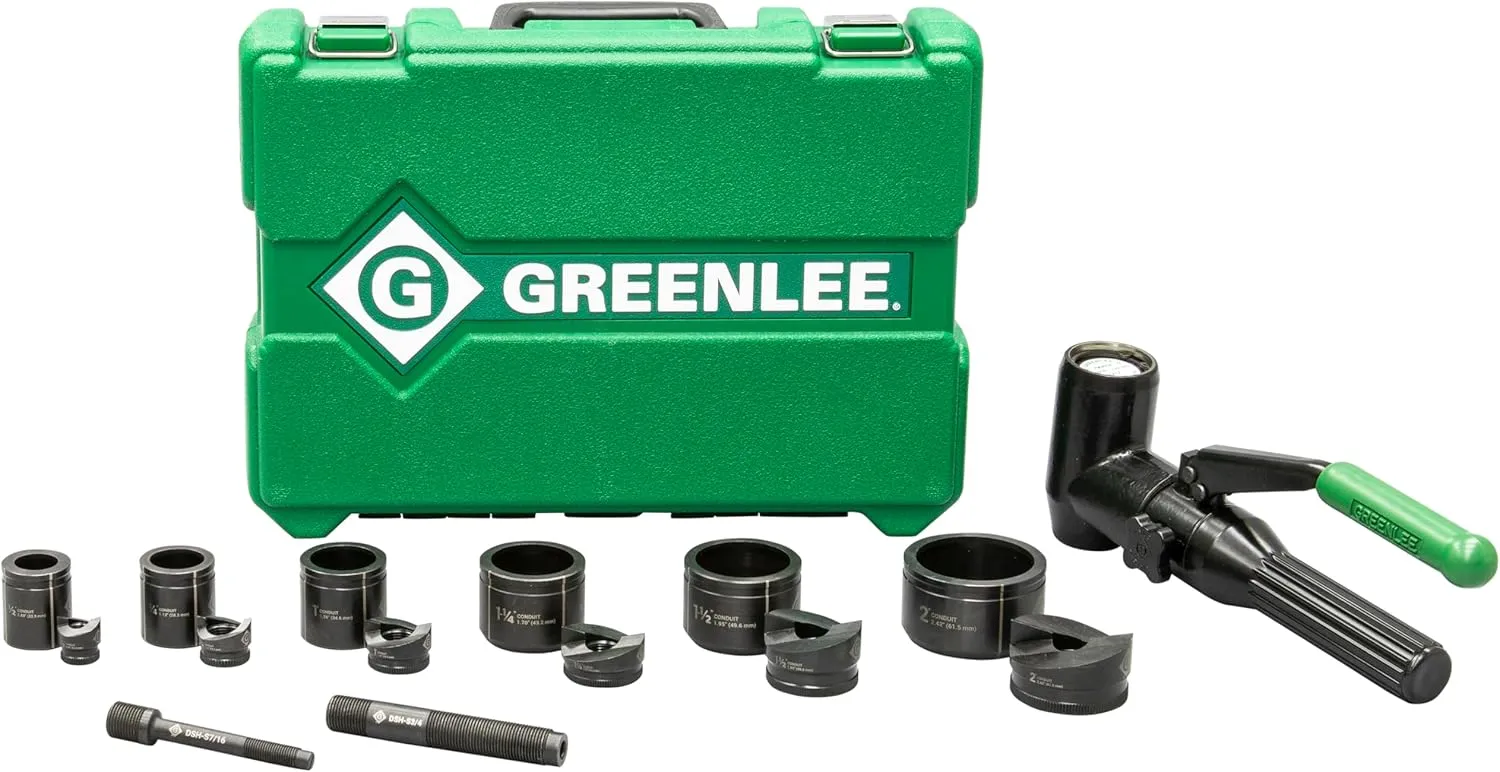 Greenlee 7906SB 8-Ton Hydraulic Knockout Punch Kit with Quick Draw 90 Knockout Driver, 1/2" to 2" Slug-Buster Punches, Dies, and Short Hydraulic Draw Studs