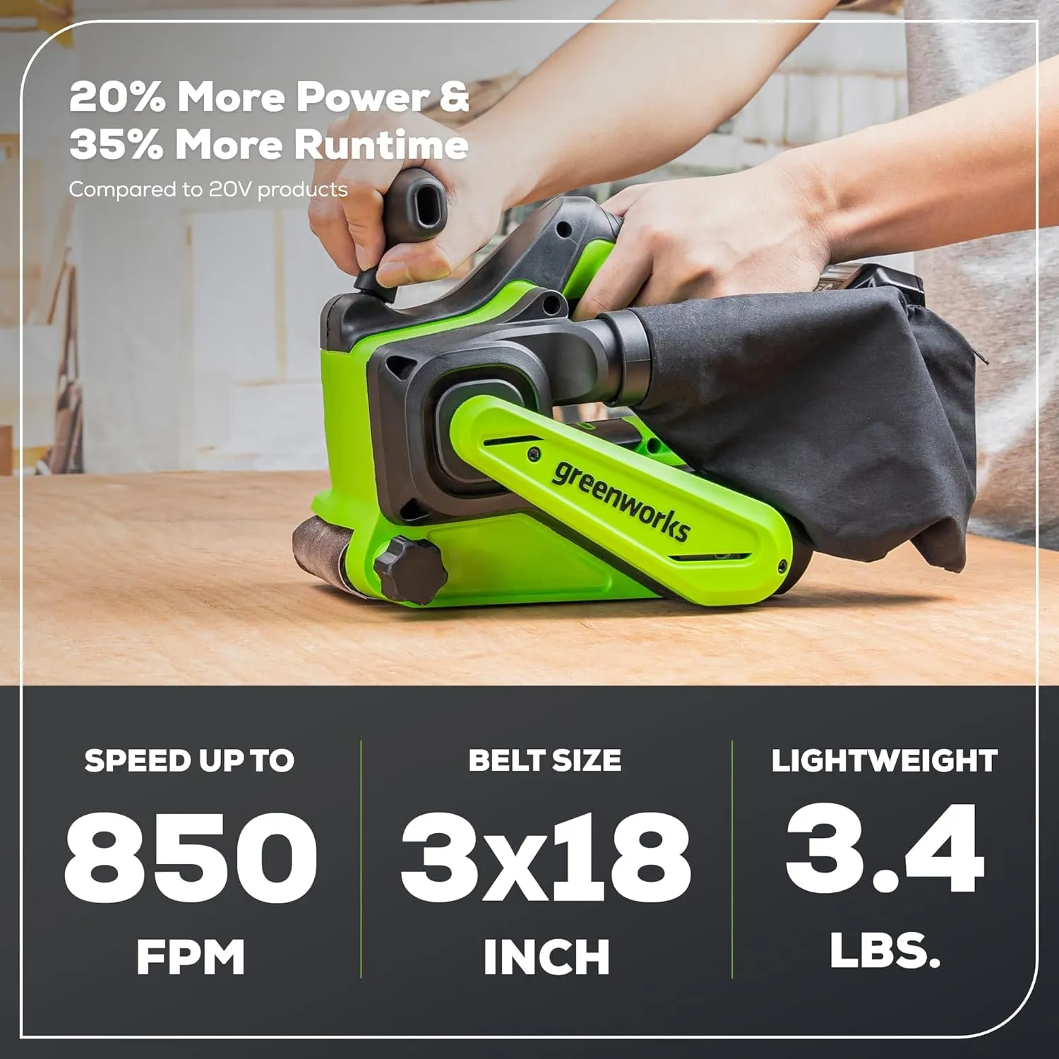 Greenworks 24V Brushless Cordless 3in. x 18in. Belt Sander Kit with Dust Bag and 60 Grit Sandpaper, 4Ah Battery and Charger Included